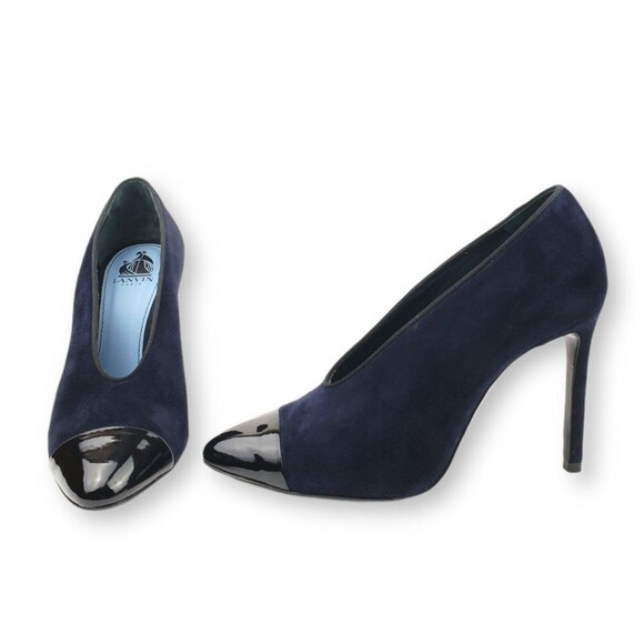 Lanvin Pumps Cap Toe Navy Blue Suede 95mm Heels Black Almond Toe V Neck Sz 36.5 - Picture 1 of 12